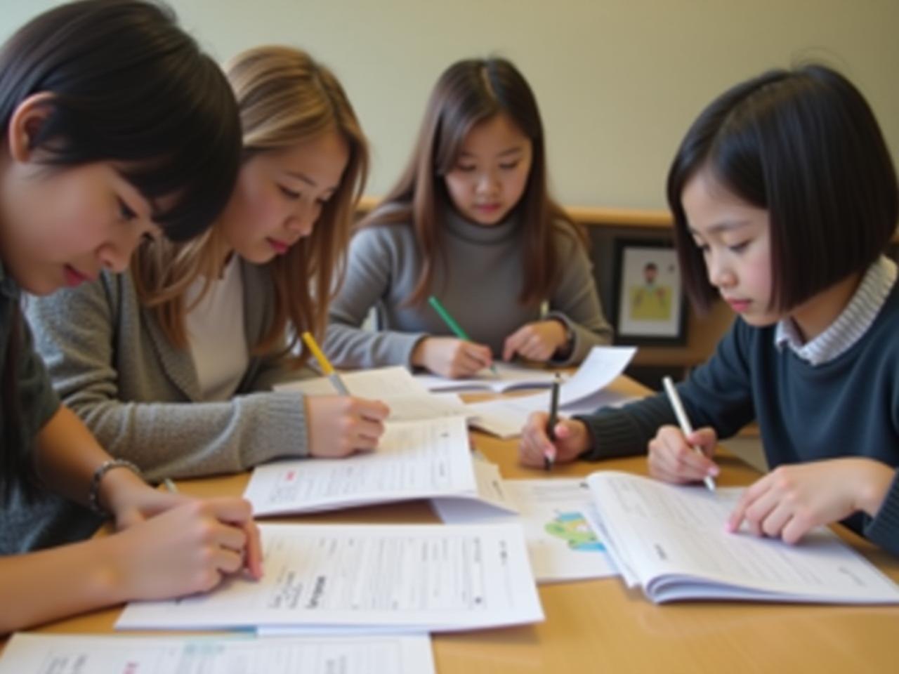 Students studying Korean language materials